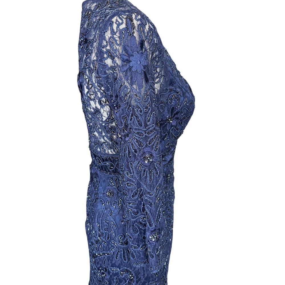 Sue Wong Navy Blue Beaded Lace Cocktail Dress V-Neck 3/4 Sleeve Formal Gown - Picture 9 of 16